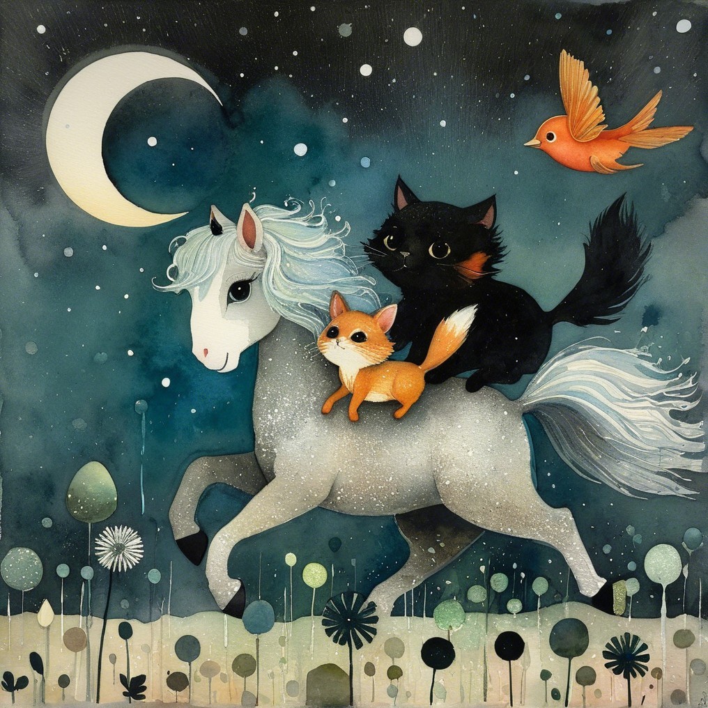 Whimsical Scene of Horse, Fox, and Cat at Night