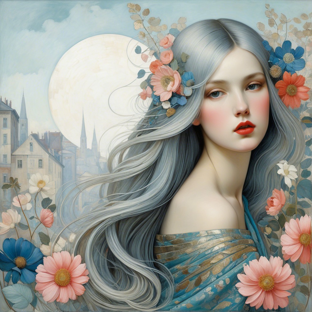 Ethereal Woman with Silver Hair in Dreamlike Landscape