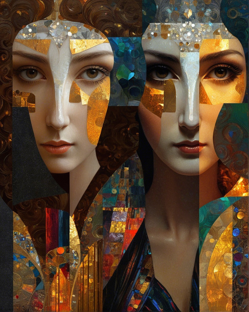 Art Deco Painting of Two Women in Split Image Design