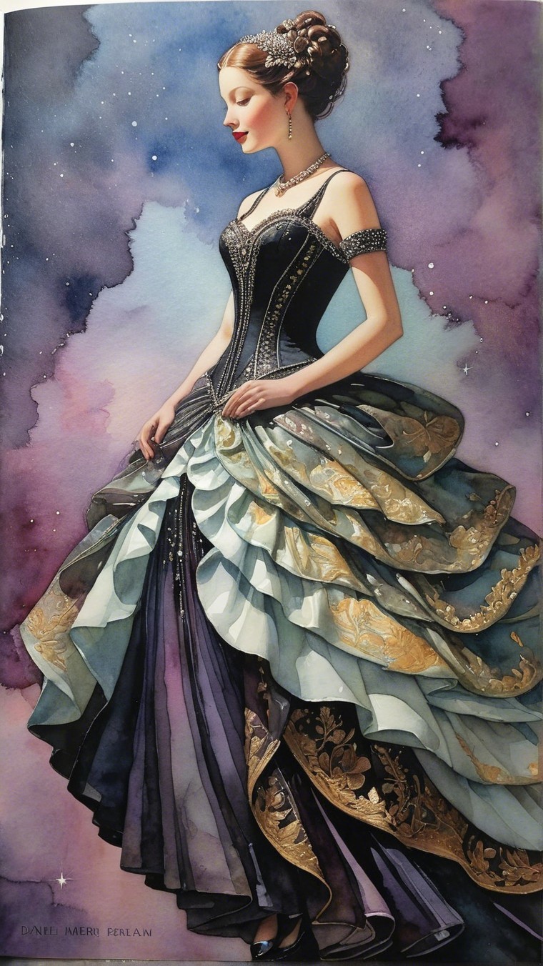Watercolor Illustration of Elegant Woman in Dramatic Gown