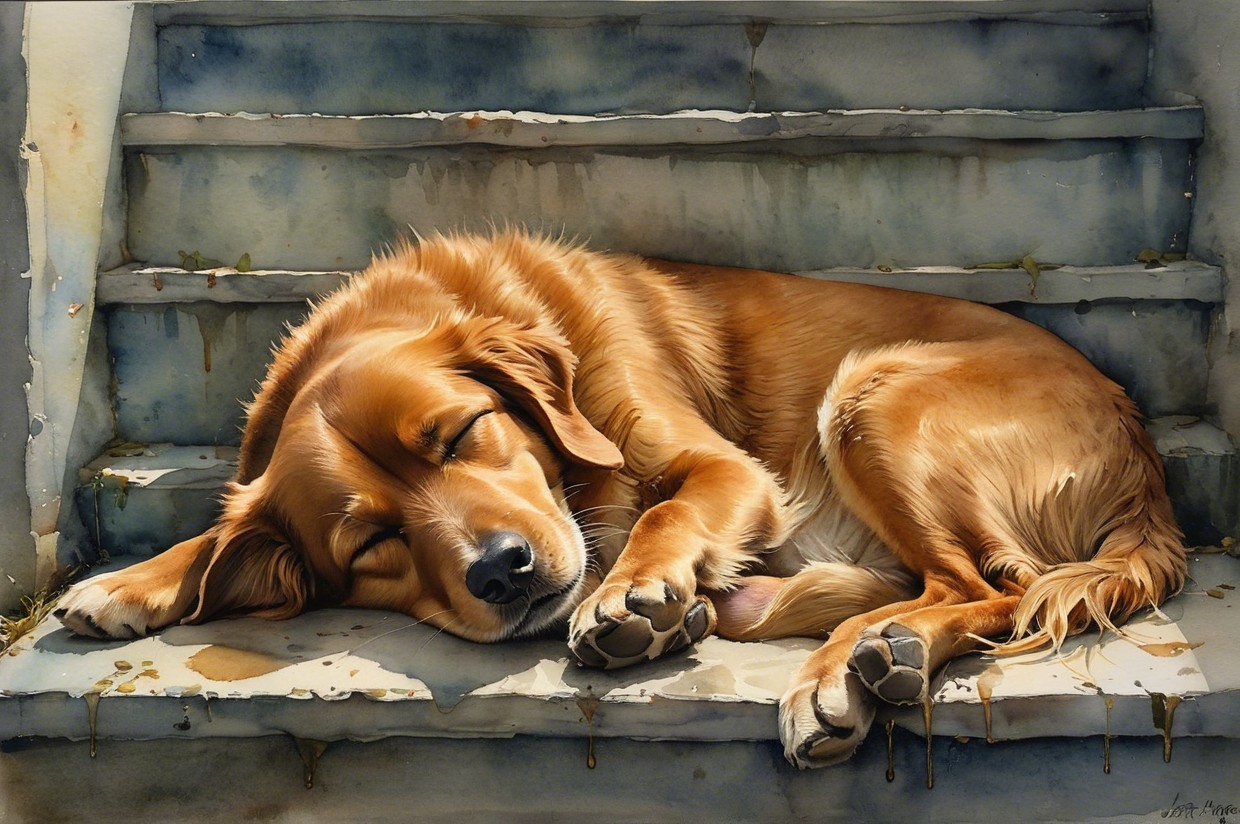 Golden Retriever Sleeping on Weathered Stairs