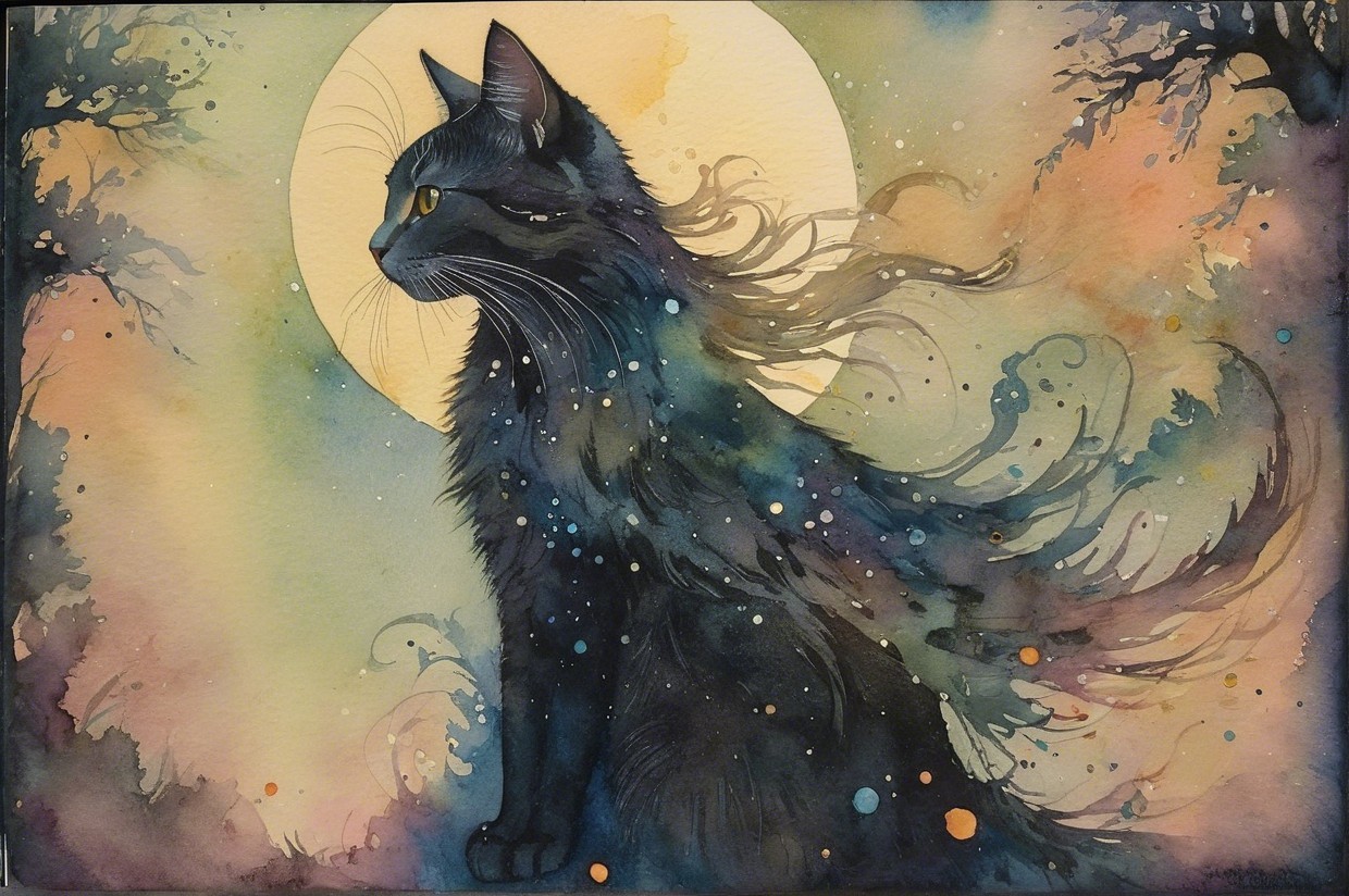 Mystical Black Cat Against Full Moon and Stars