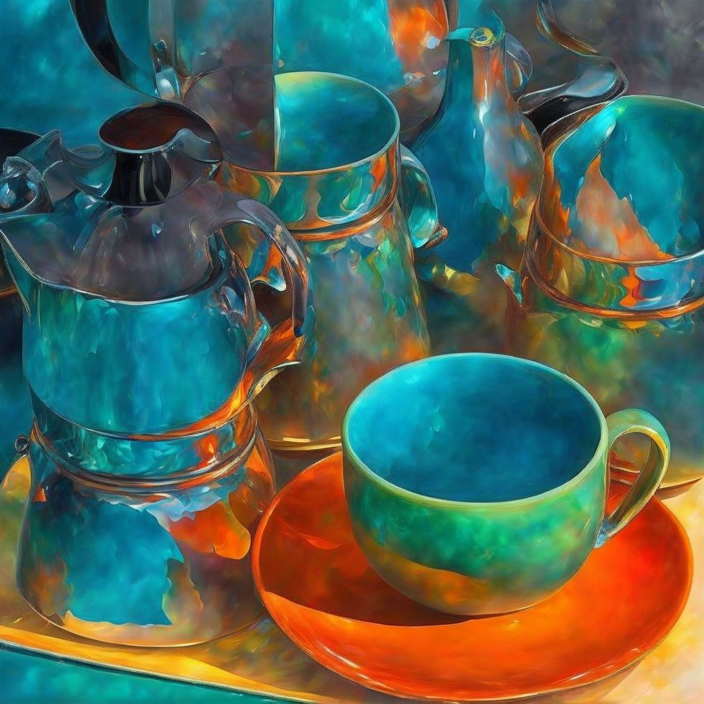 Colorful Ceramic and Metallic Teapots and Cups Display