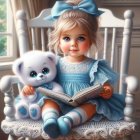 Young girl reading with puppy in cozy rocking chair