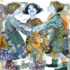 Whimsical Illustration of Three Girls in Floral Dresses
