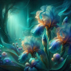 Vibrant Irises in Ethereal Light and Greenery