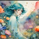 Serene Portrait of Woman with Blue Hair and Flowers