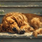 Golden Retriever Sleeping on Weathered Stairs