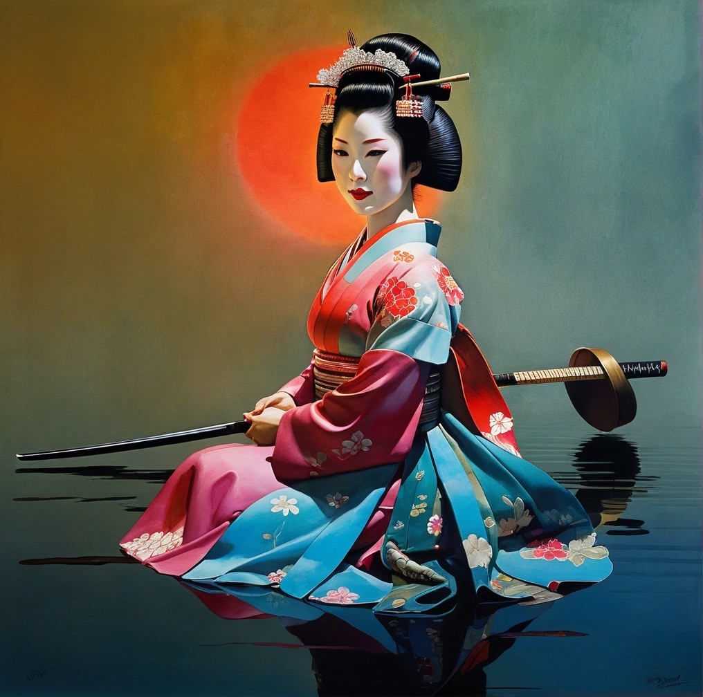 Serene Geisha in Vibrant Kimono on Water Surface