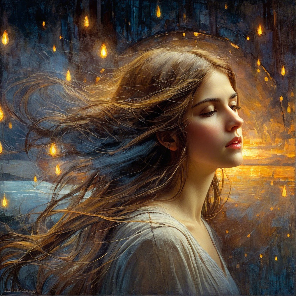 Serene profile of a girl with lantern-lit twilight sky