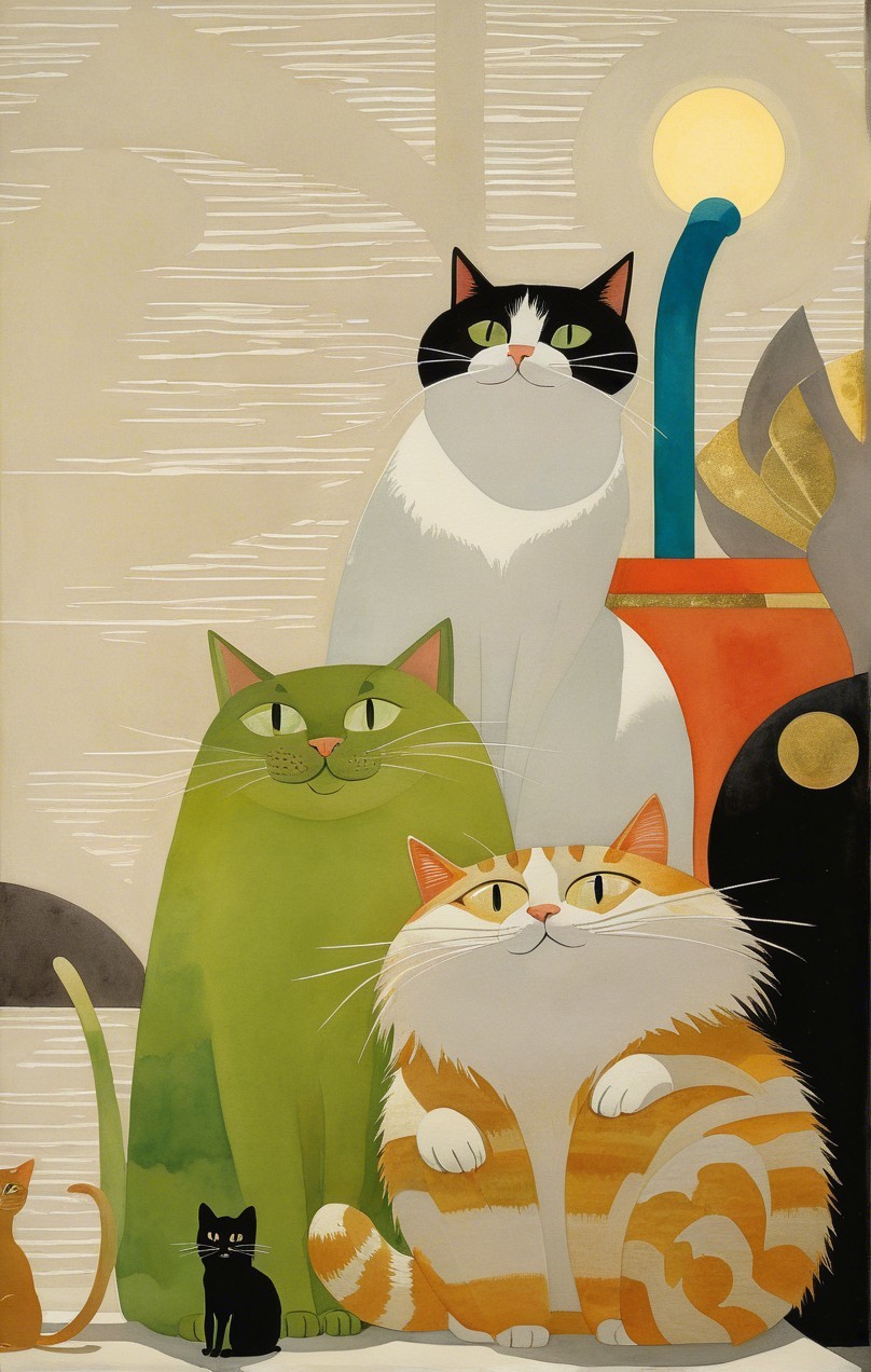 Whimsical Illustration of Colorful Playful Cats