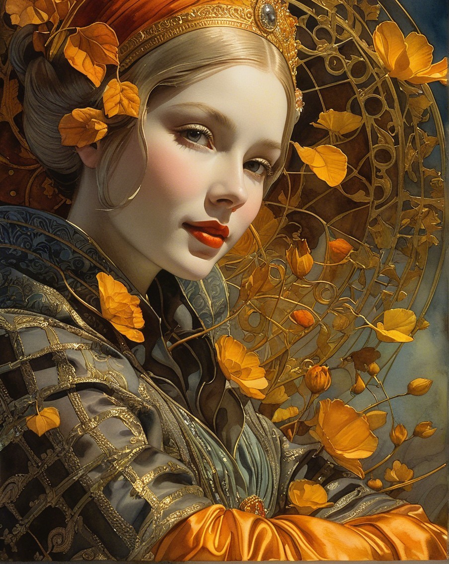Close-up of a woman with leaves and golden flowers