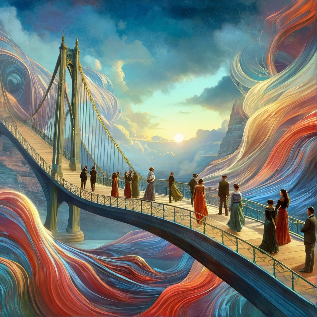 Surreal Landscape with Colorful Bridge and Figures