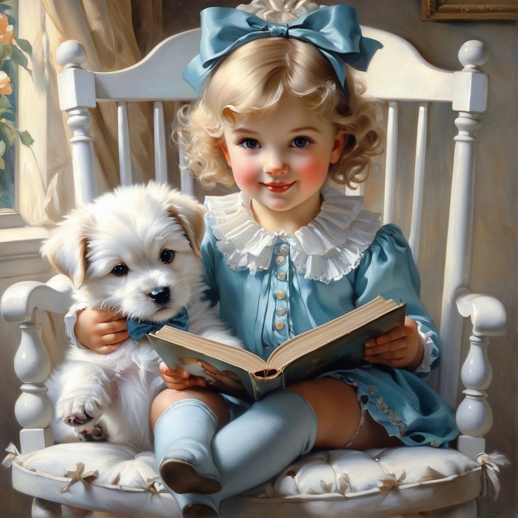 Young girl reading with puppy in cozy rocking chair