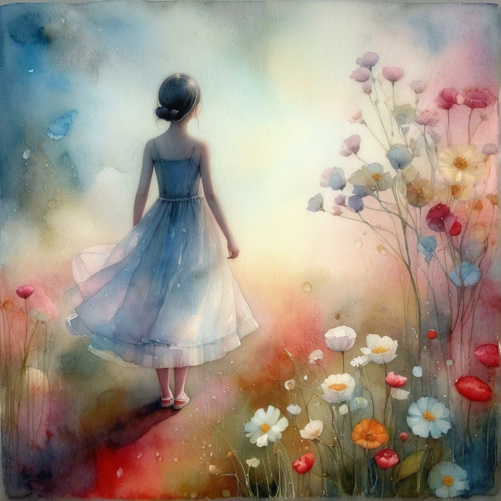 Watercolor Painting of a Girl Walking Through Wildflowers
