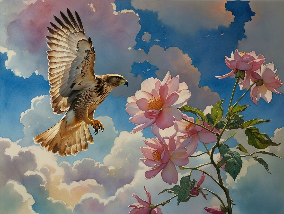 Hawk Soaring Above Blooming Pink Flowers and Blue Sky