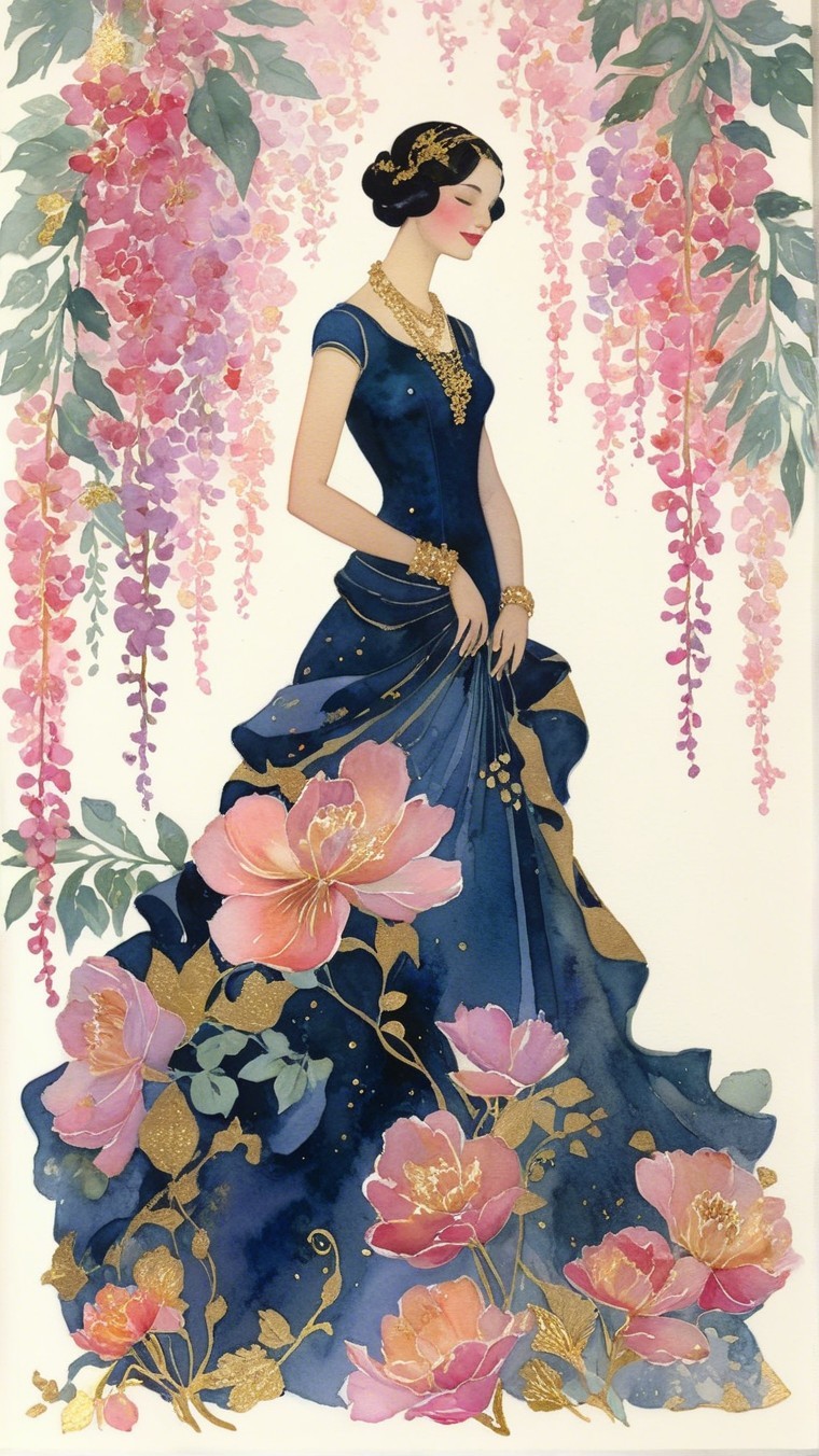 Elegant Woman in Deep Blue Gown Surrounded by Flowers