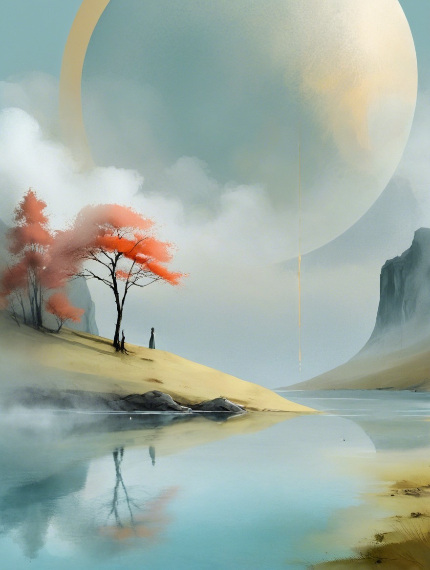 Serene Landscape with River and Distant Planet Reflection