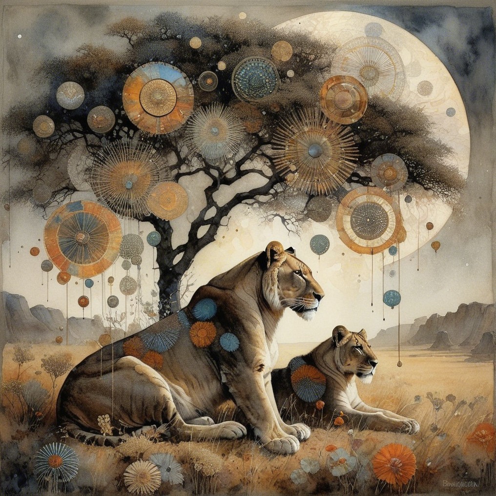 Lions Relaxing Under Mandala Tree in Savannah Scene