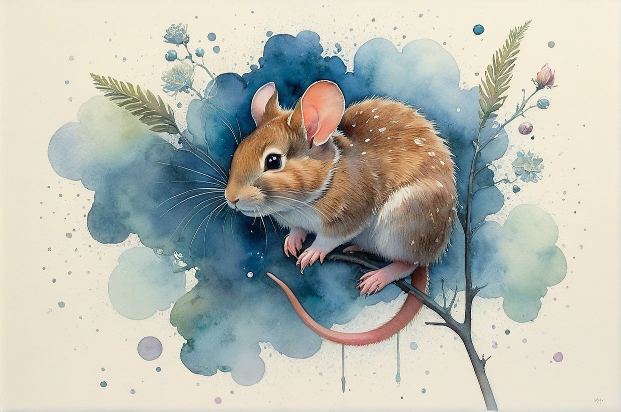 Illustration of a mouse on a branch with watercolor splashes