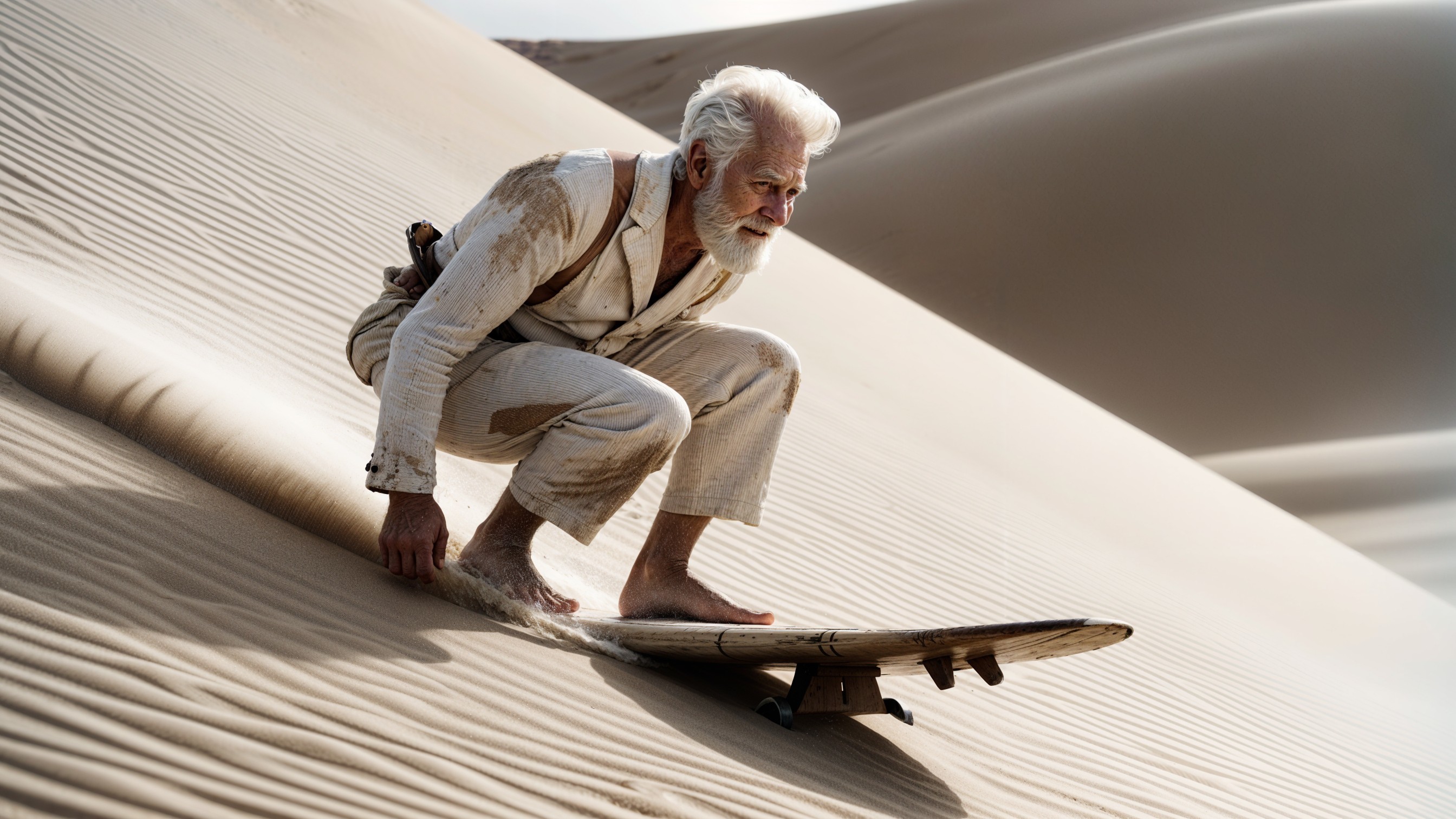 Elderly Man Balancing on Wooden Sandboard in Dunes