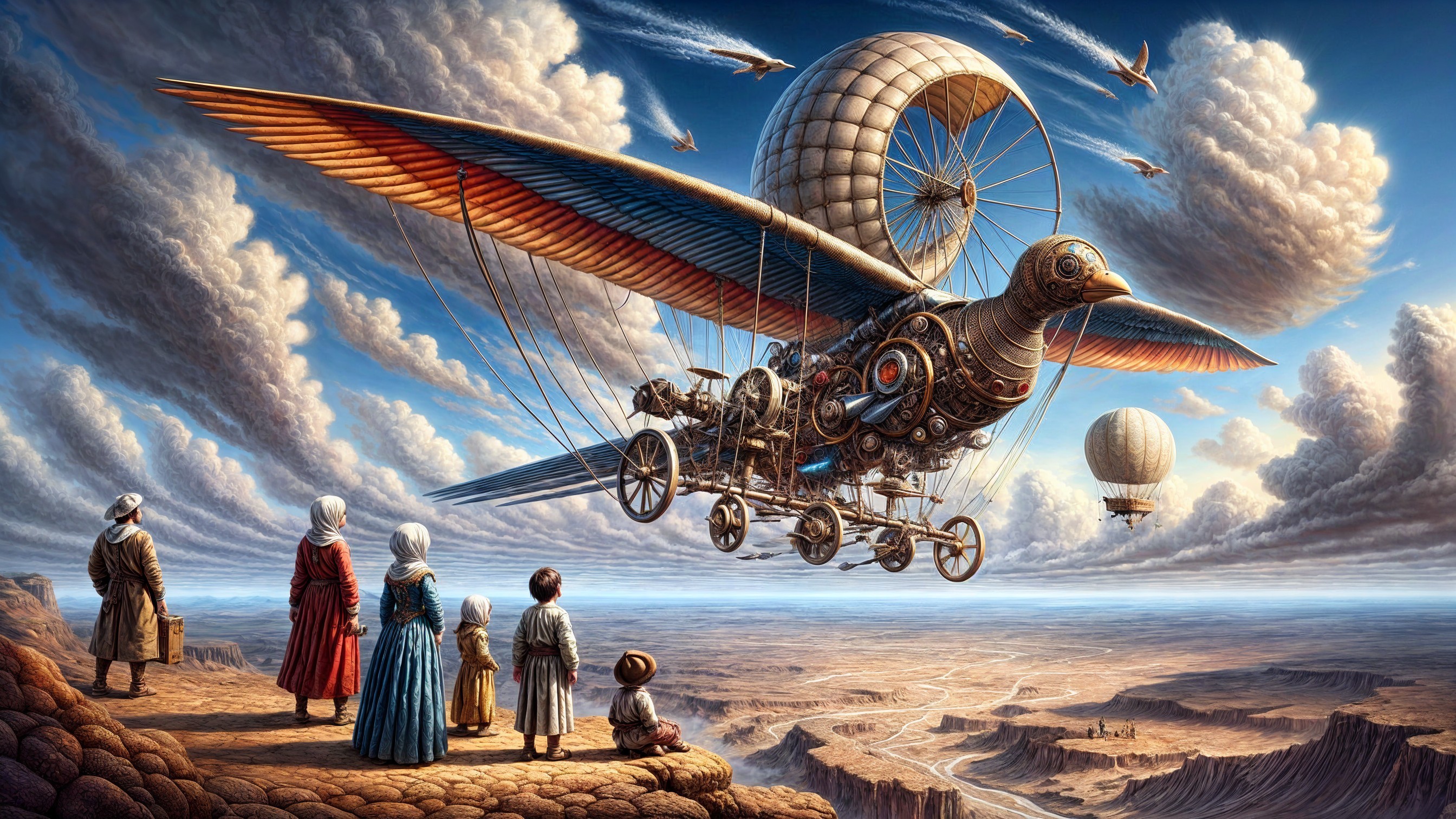 Colossal Mechanical Bird in a Whimsical Desert Scene