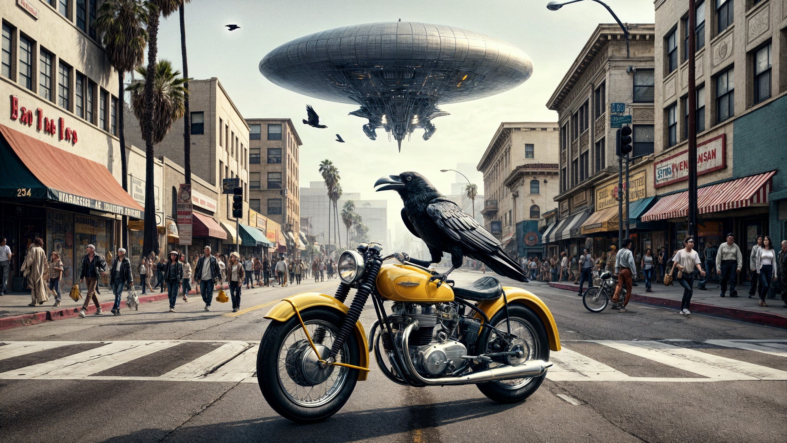 Yellow Motorcycle with Raven and UFO in City Scene