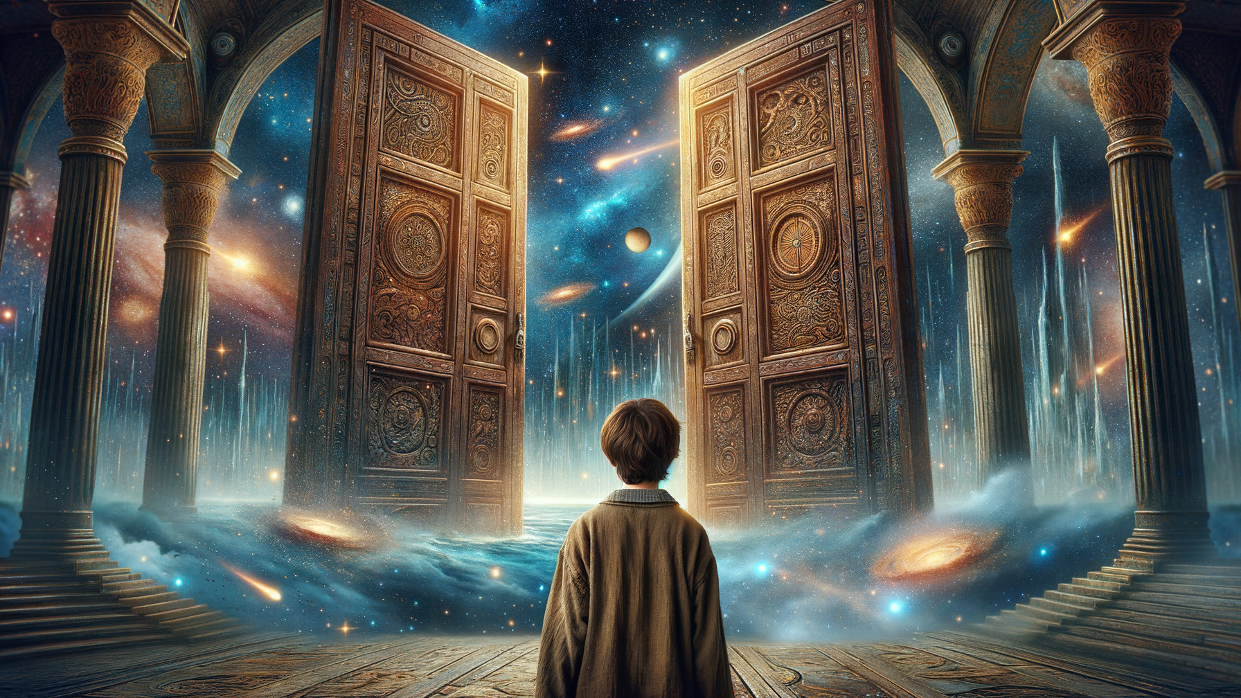 Young figure before cosmic doors in vast landscape