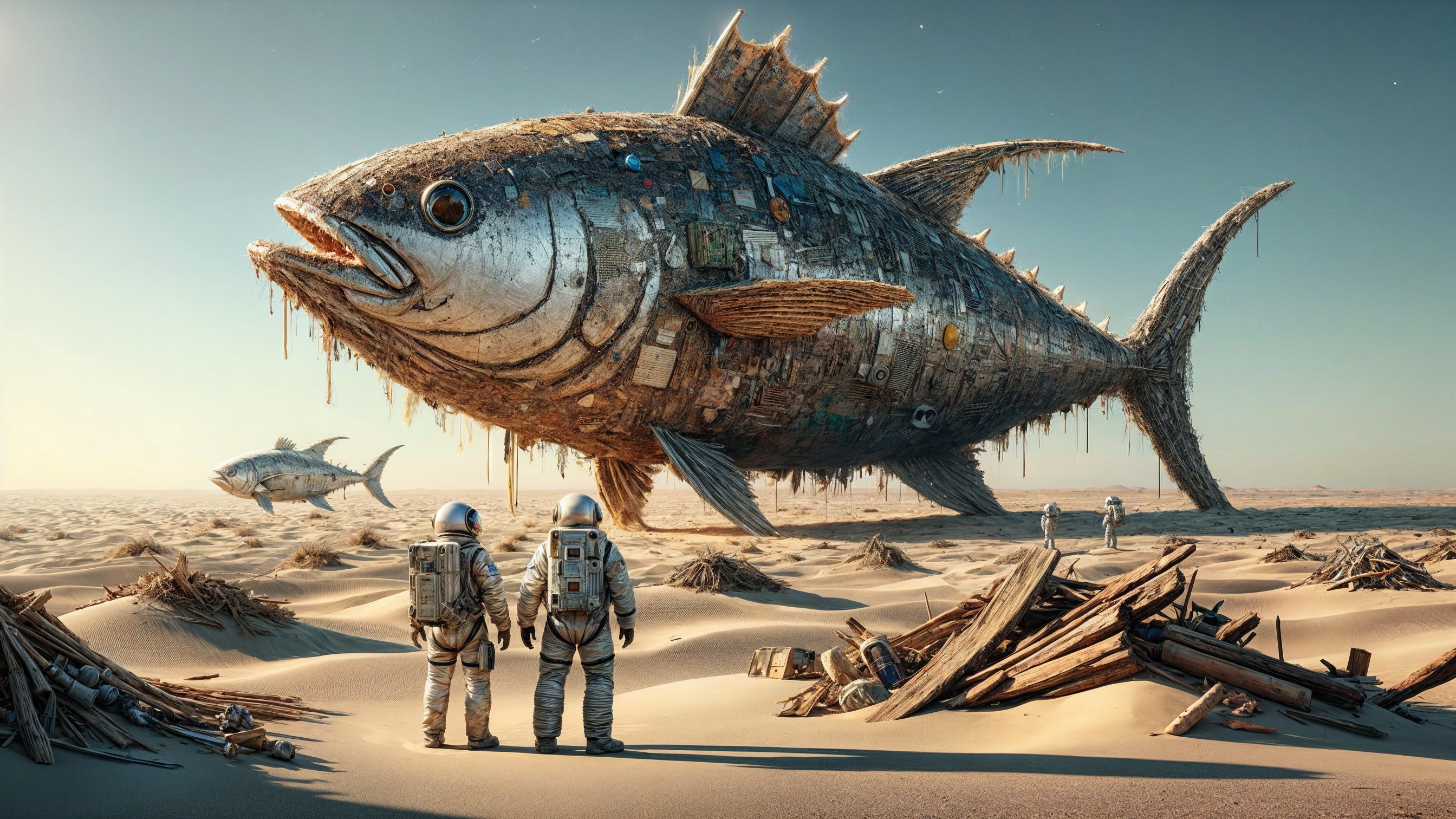 Astronauts in Surreal Desert with Metallic Fish Sculpture