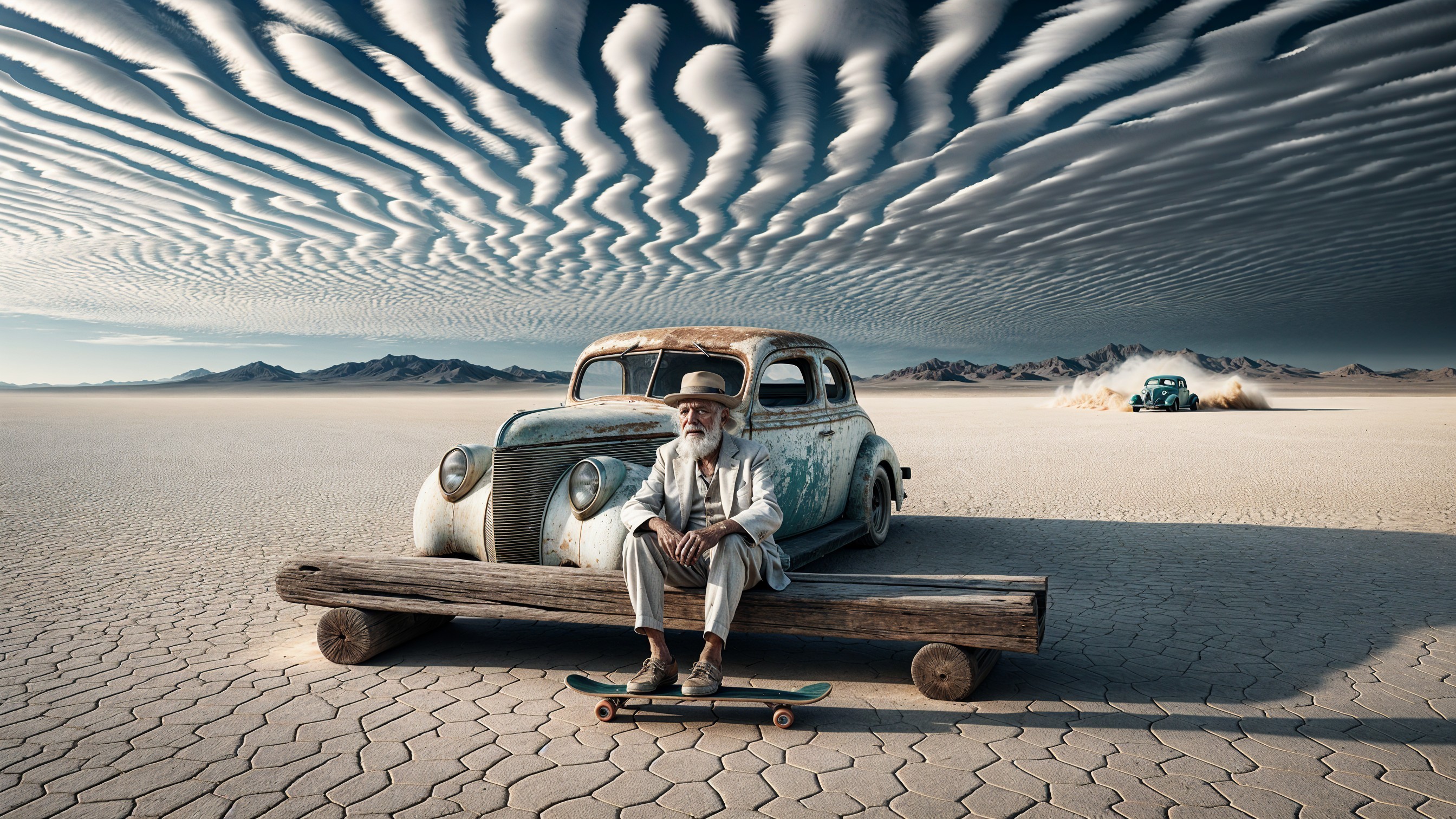Elderly Man on Bench with Vintage Car in Arid Landscape