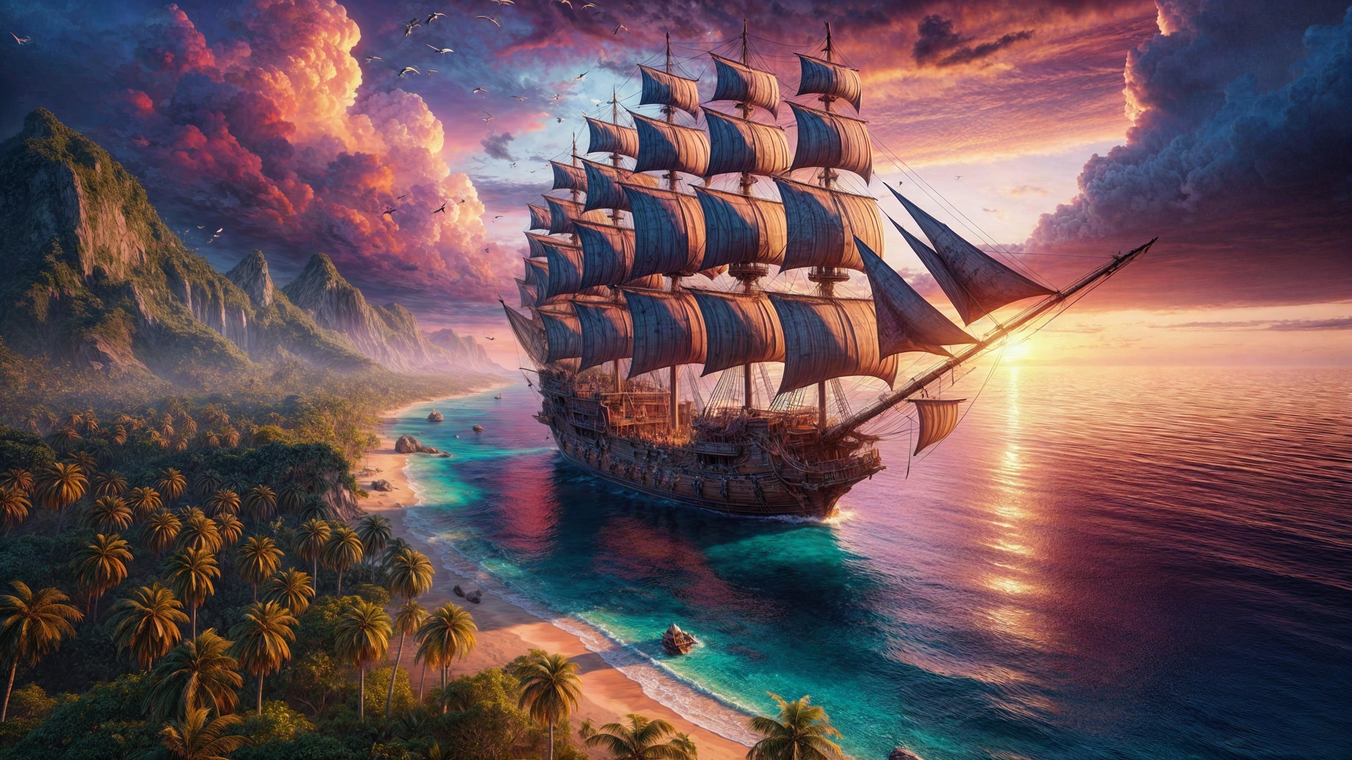 Majestic ship sailing at sunset in tropical paradise