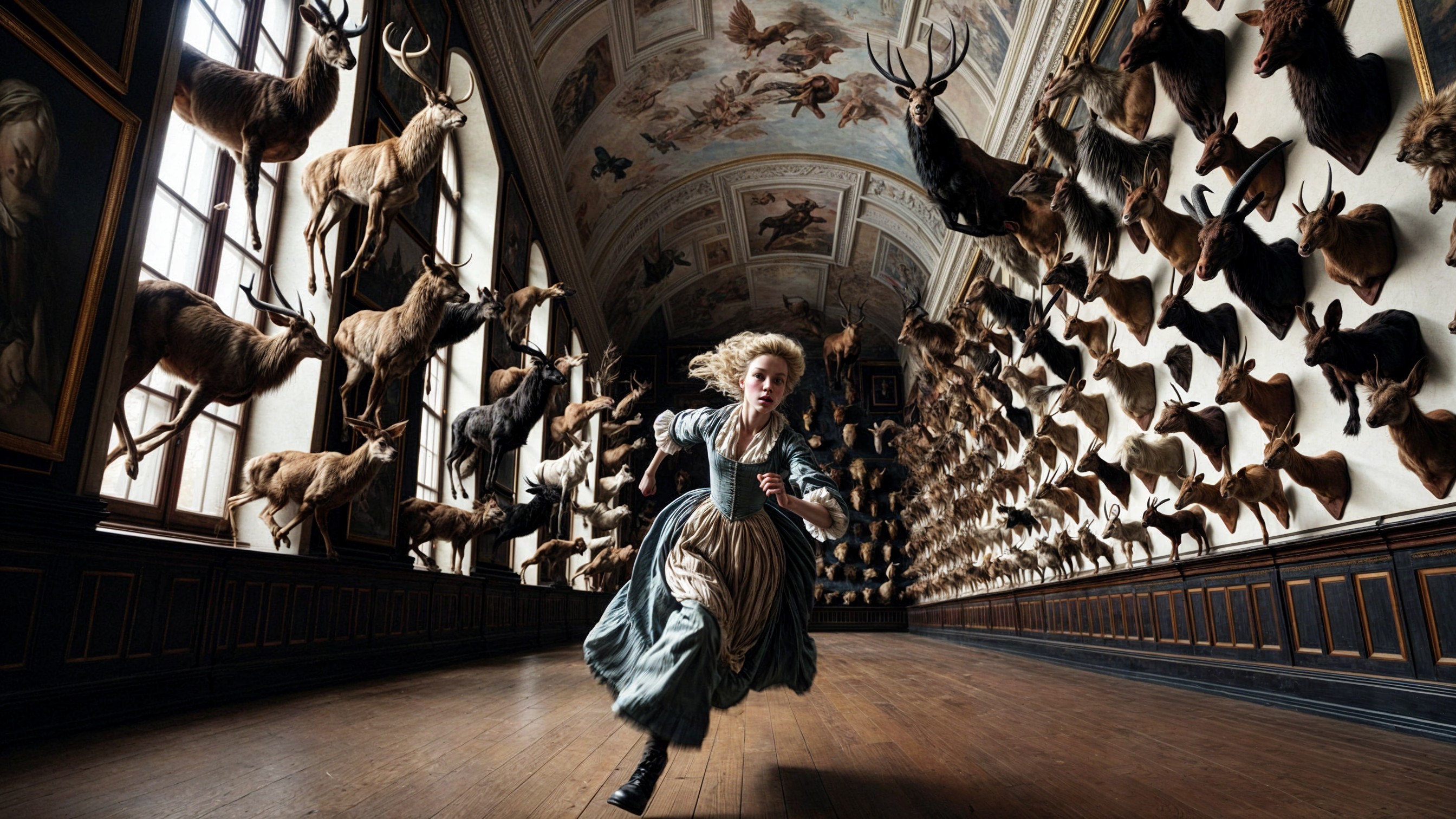 Young woman in period attire runs in a grand hall
