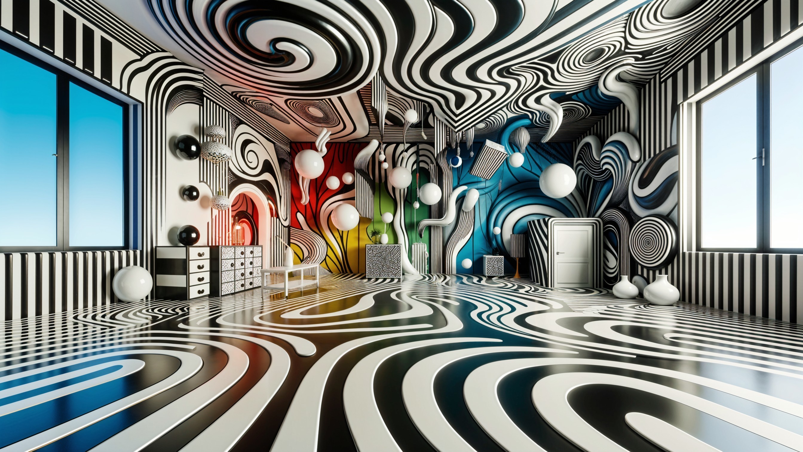 Surreal Room Design with Bold Stripes and Colorful Accents