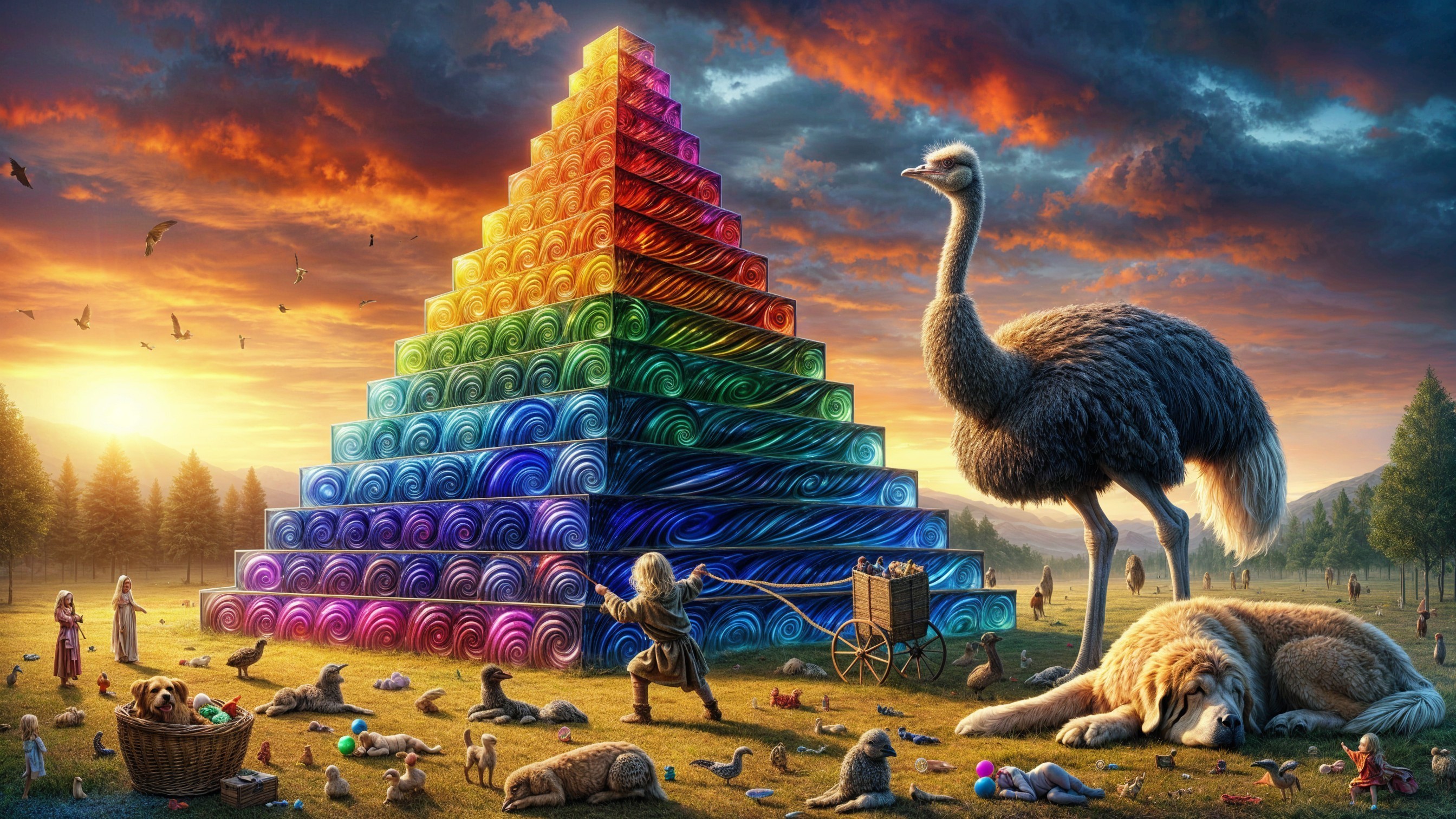 Vibrant Pyramid with Spiral Blocks at Sunset Scene