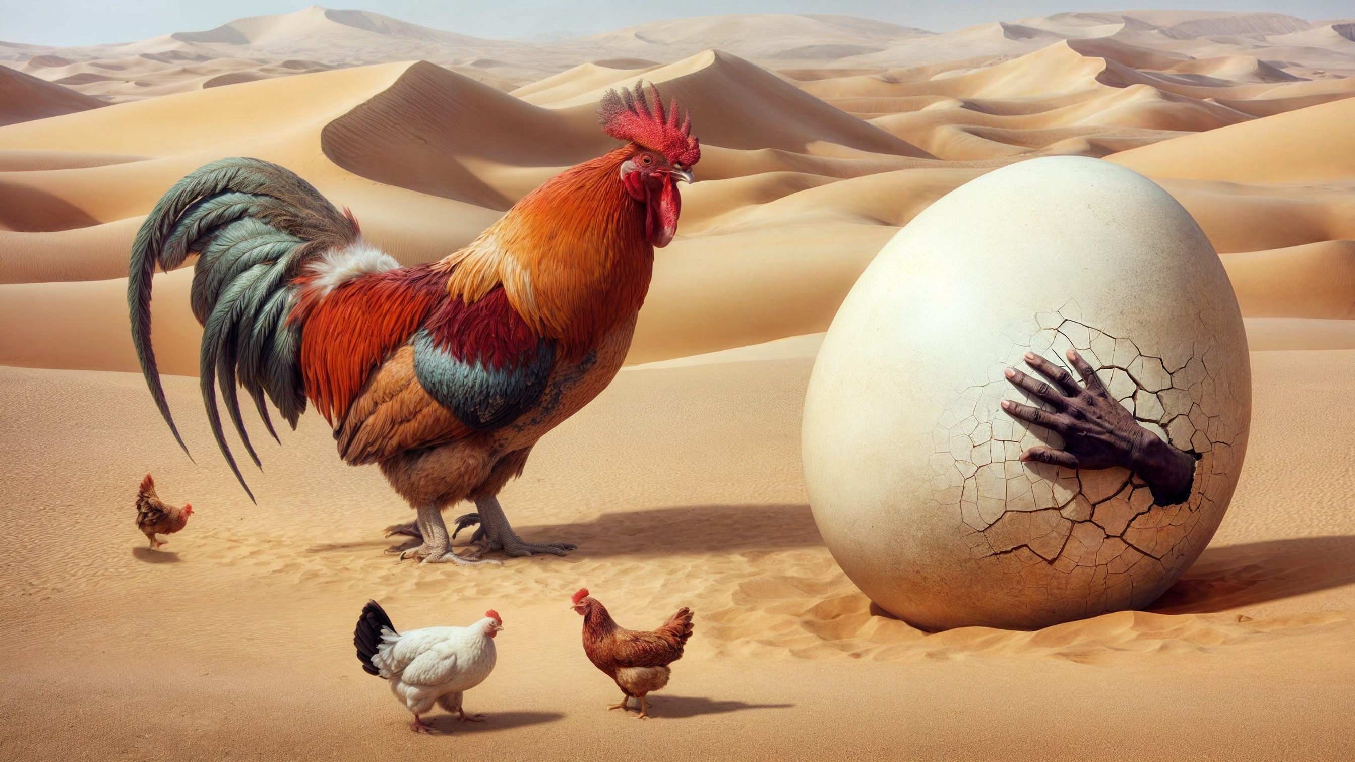 Rooster and Hand Emerging from Egg in Desert Landscape