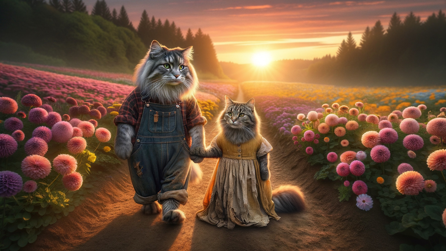 Anthropomorphic cats in a flower field at sunset