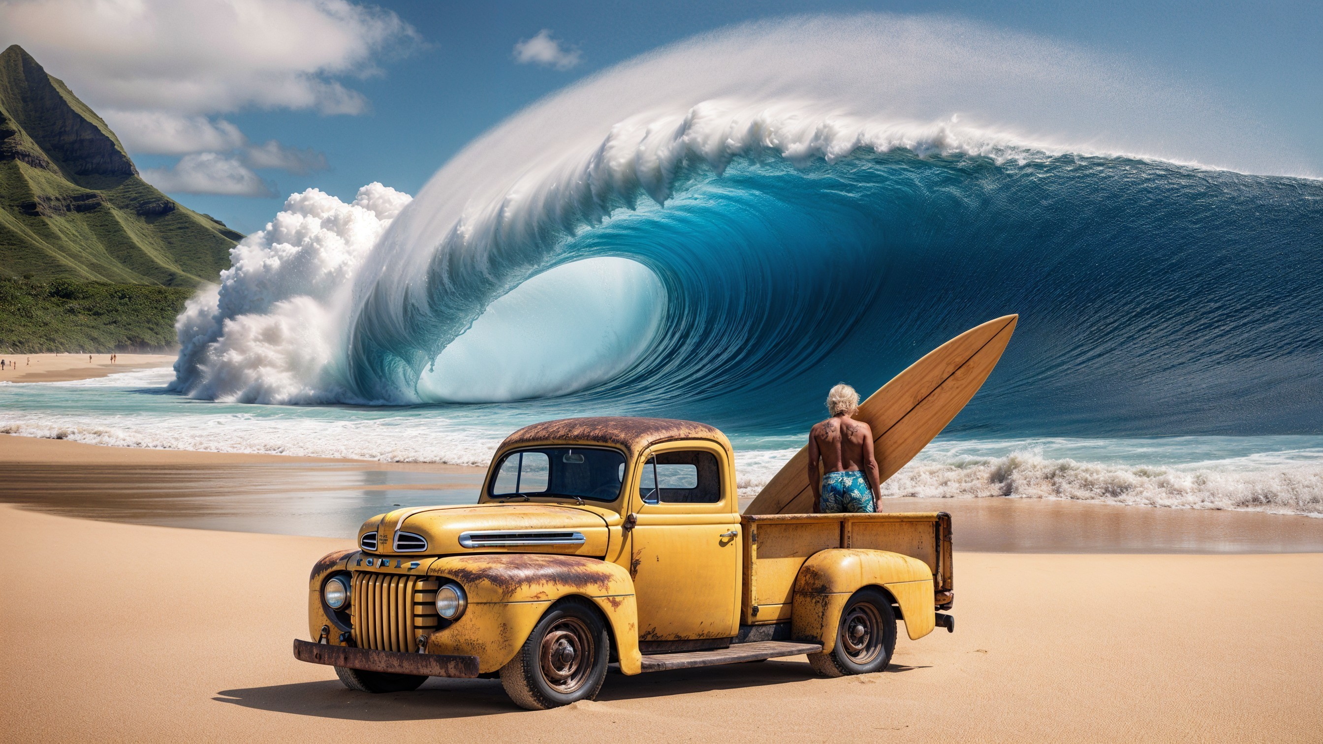 Vintage Yellow Pickup Truck at Sandy Beach with Surfer