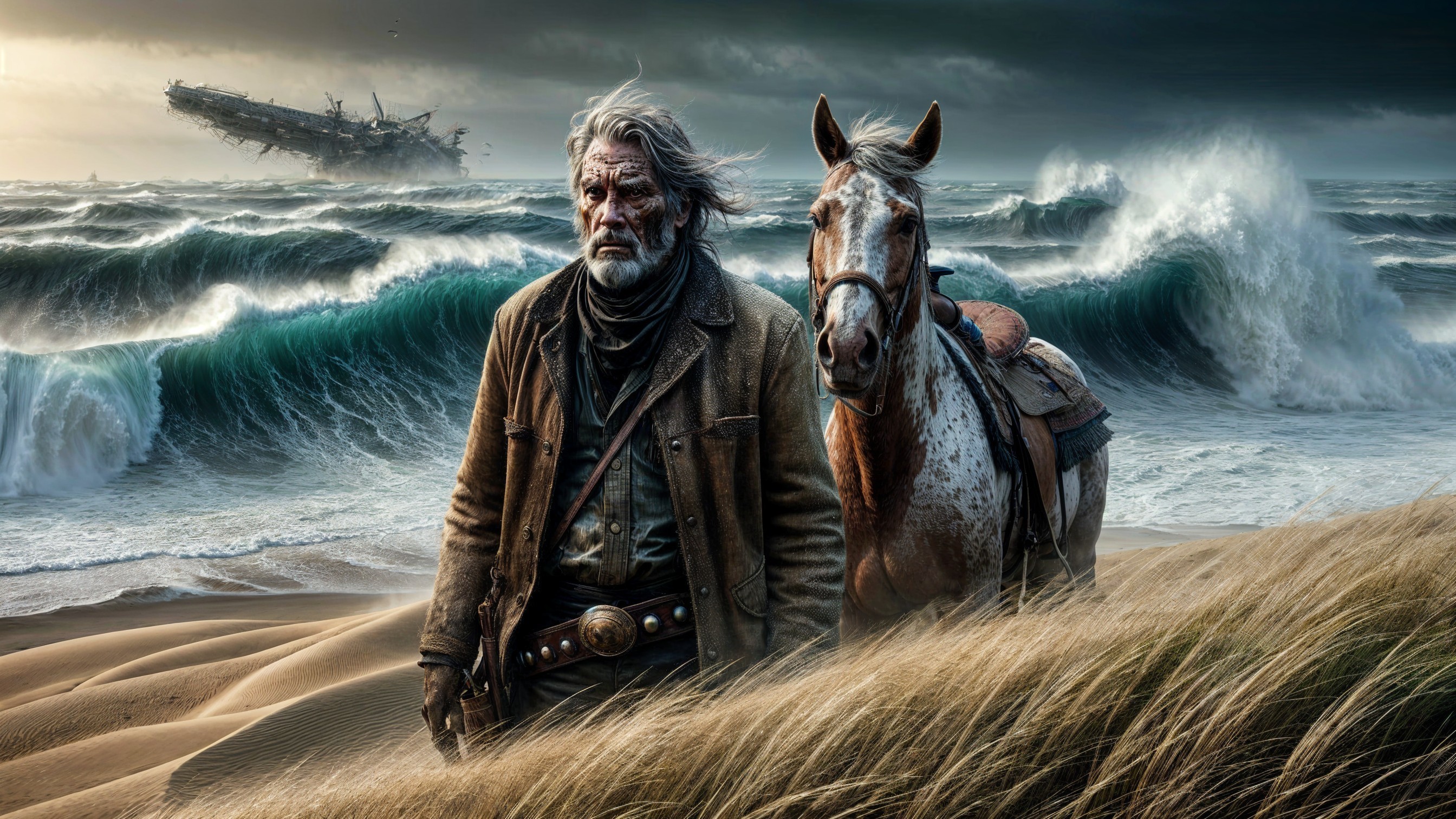 Weathered Man and Horse on Windswept Beach Scene