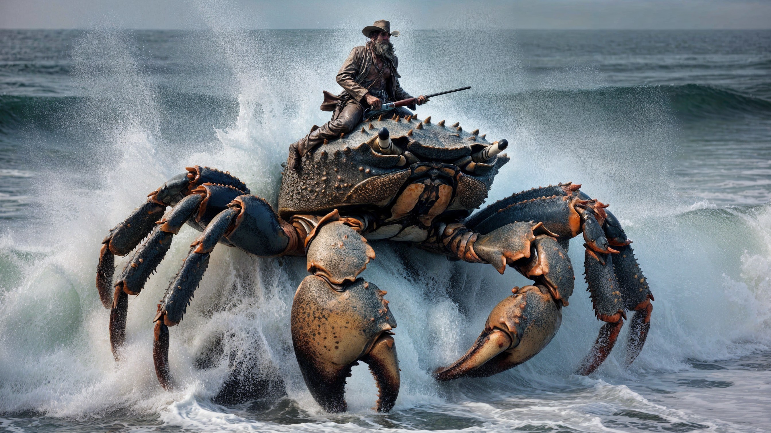 Colossal Crab with Cowboy Figure Amidst Ocean Waves