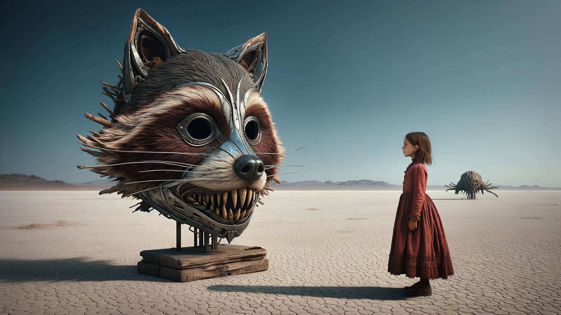 Surreal Desert Scene with Vintage Dressed Girl and Raccoon