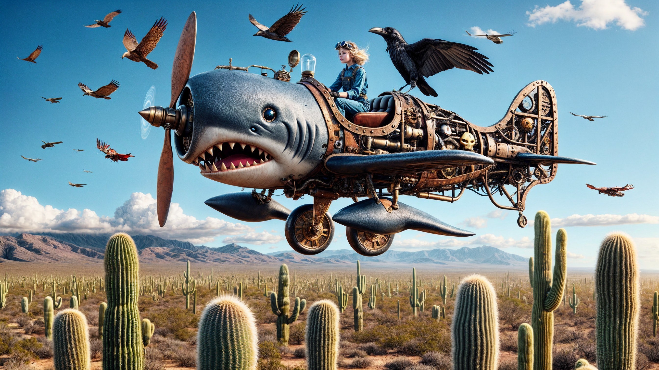 Surreal Desert Scene with Steampunk Shark Aircraft