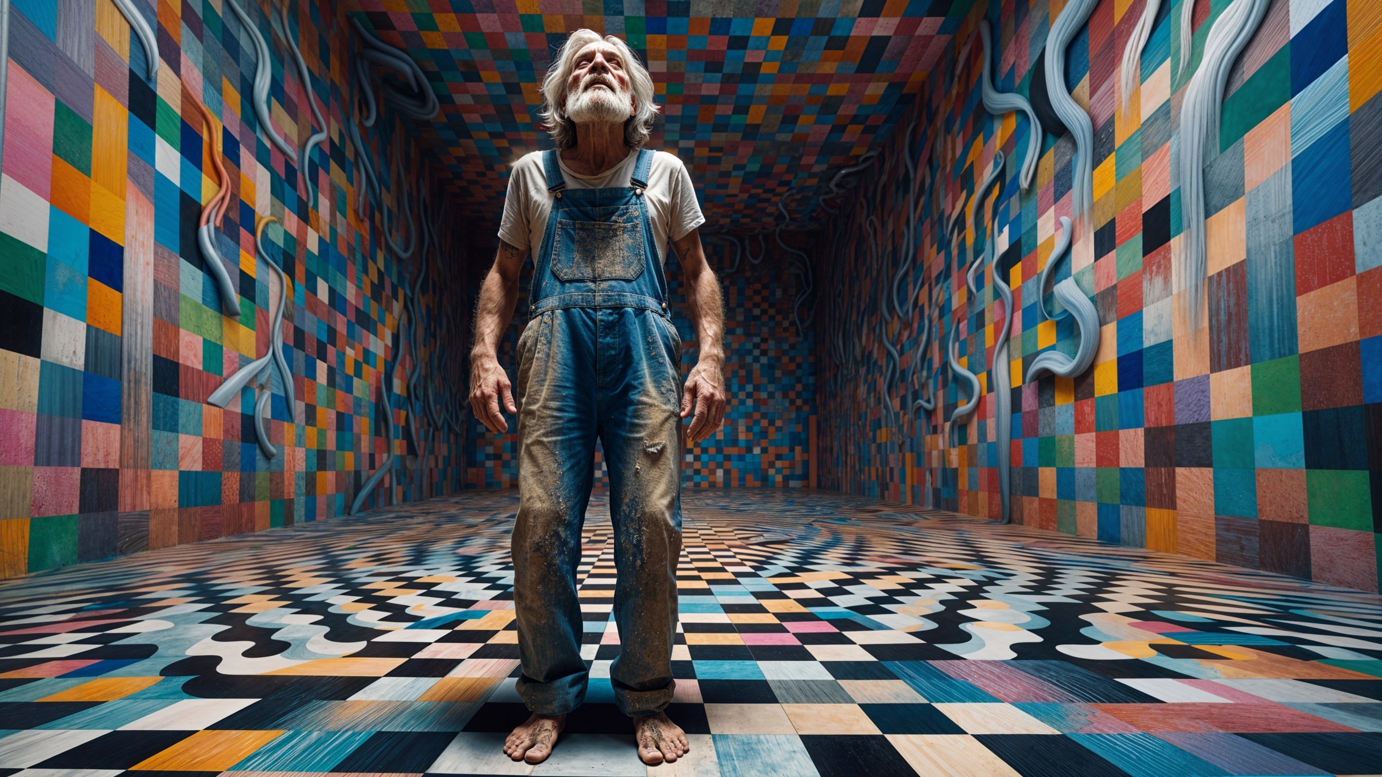 Elderly Man in Colorful Abstract Patterned Room