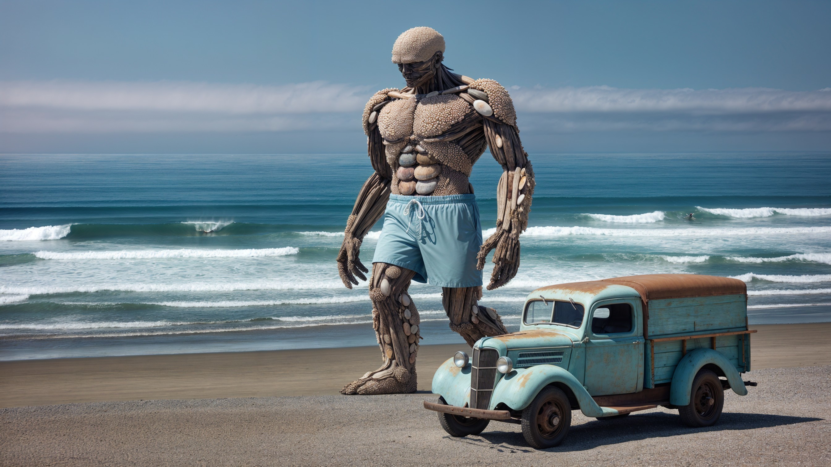 Colossal Wooden Figure and Teal Truck on Beach