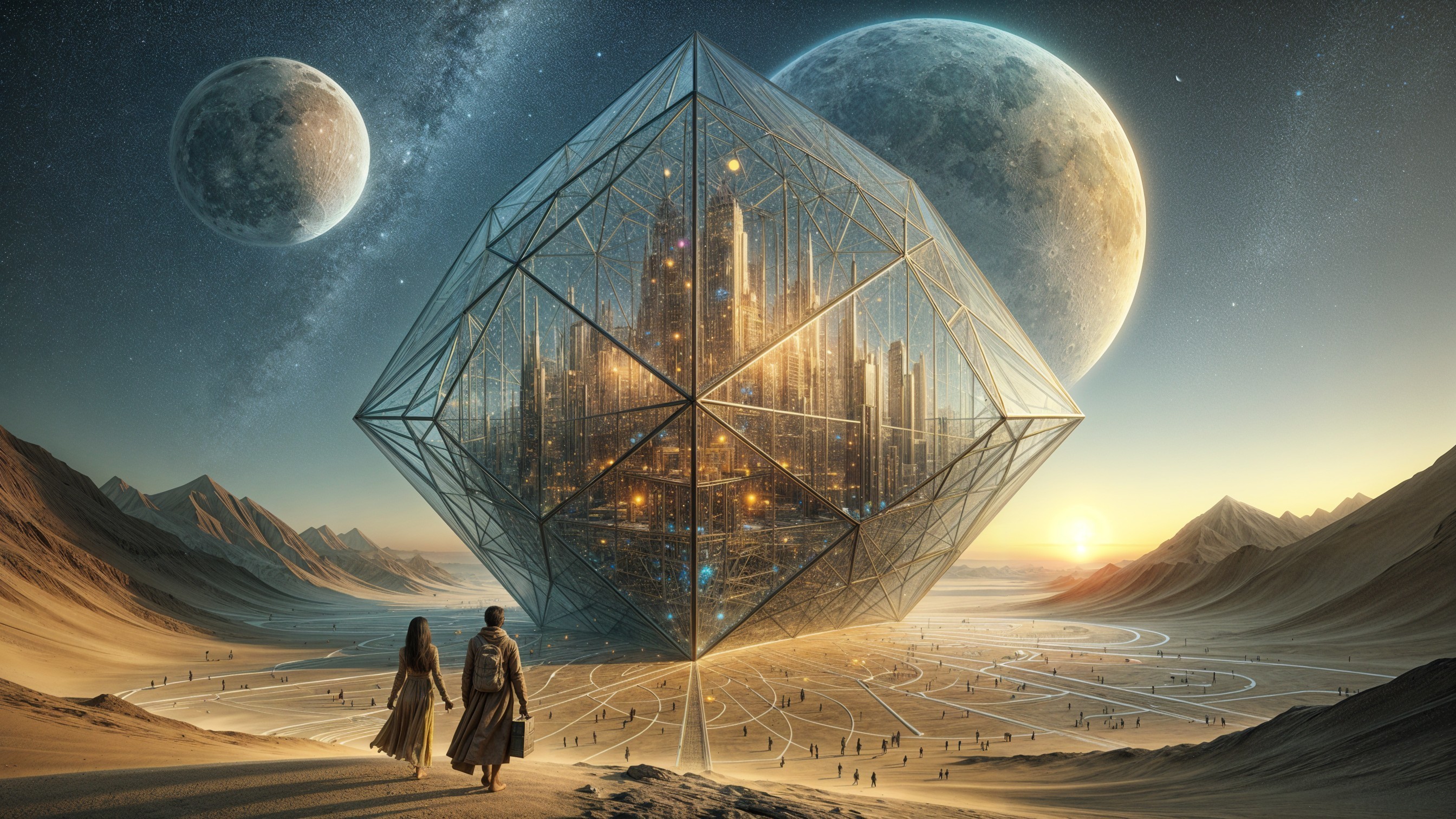 Surreal Desert Scene with Geometric Crystal Structure