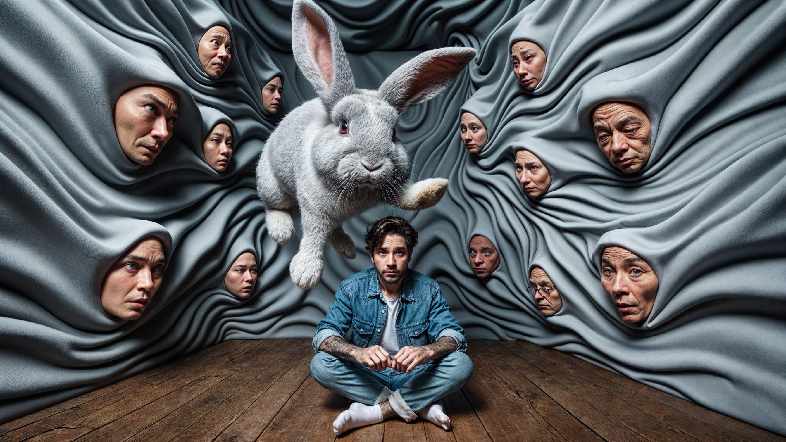 Surreal Scene with Contemplative Figure and Rabbit