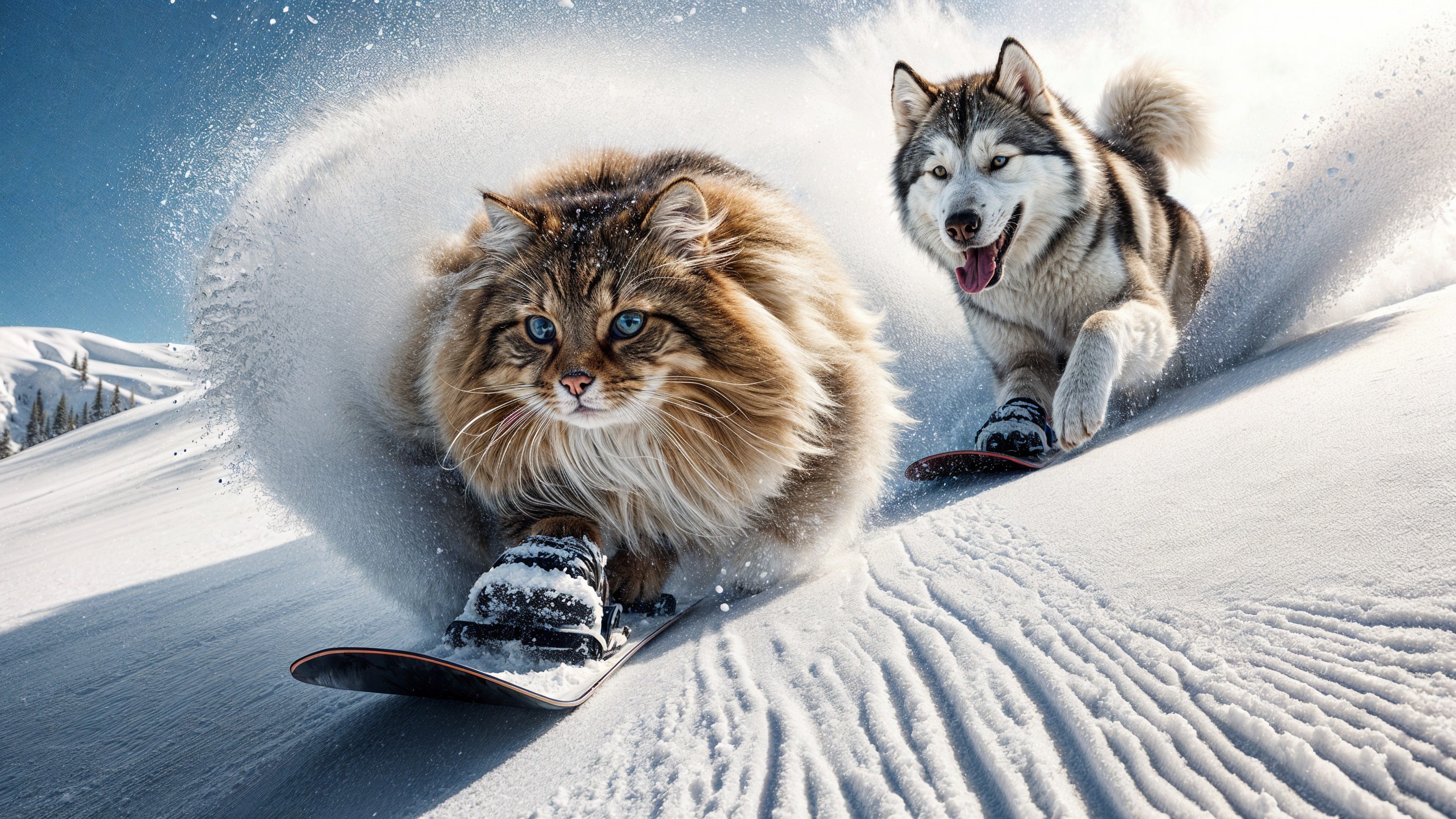 Fluffy Cat and Husky Snowboarding in Winter Wonderland