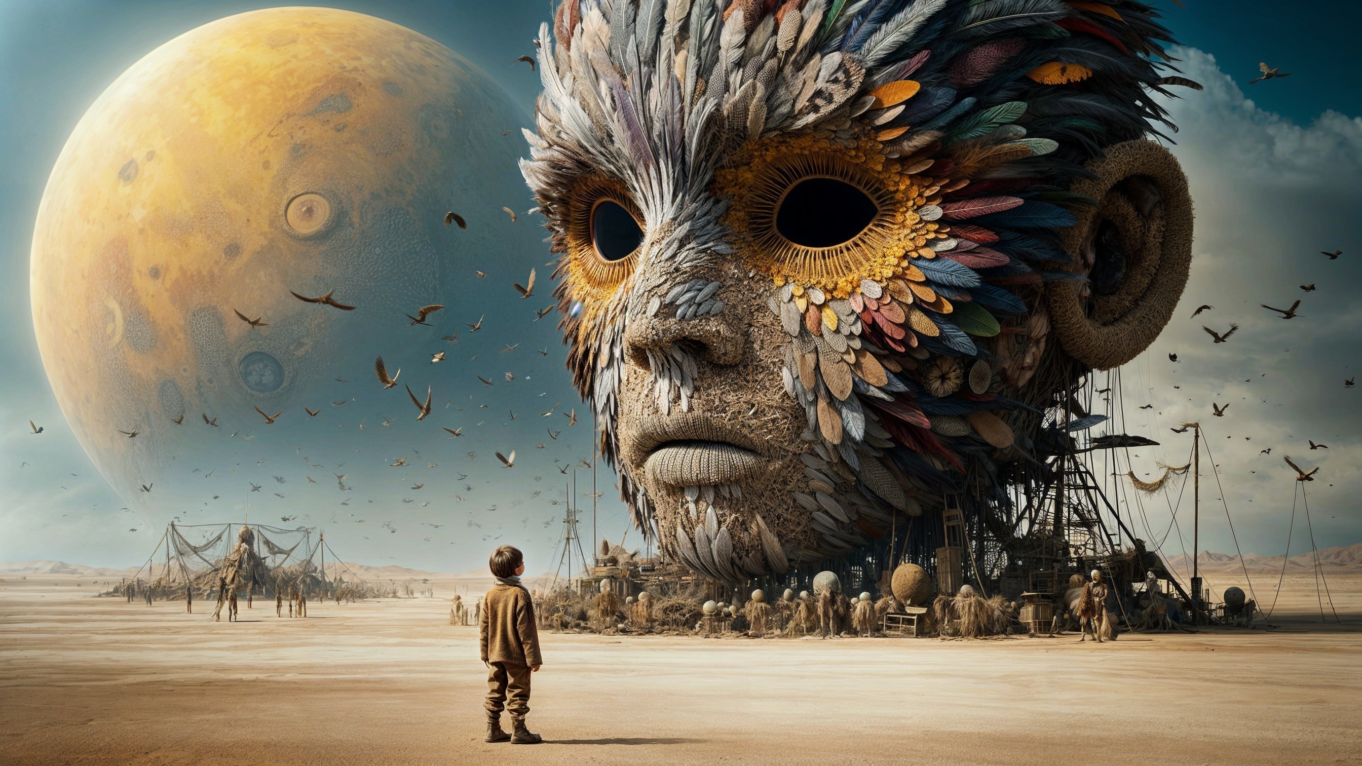Child in Desert with Colossal Feathered Face