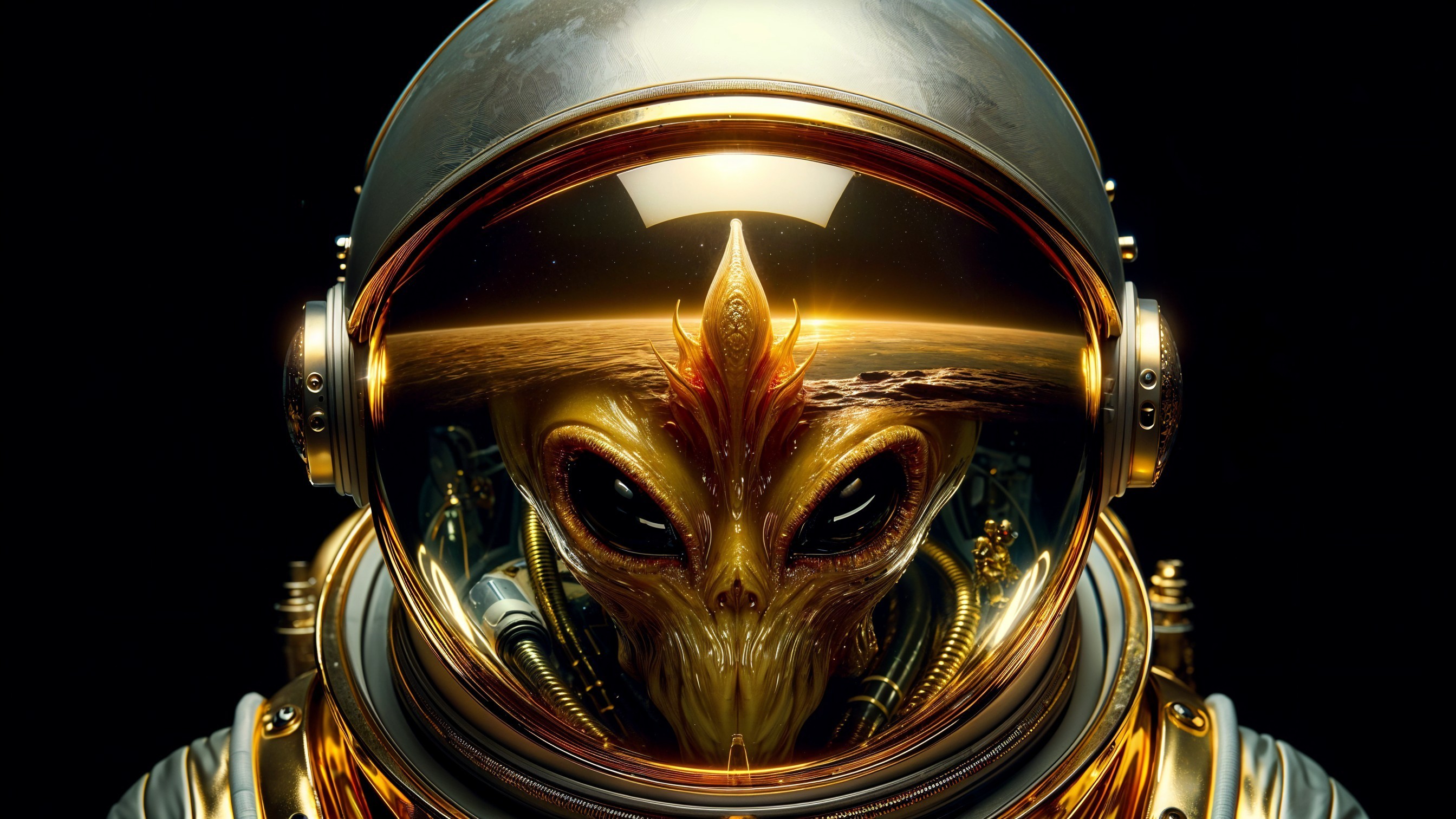 Futuristic Alien Figure in Ornate Space Helmet