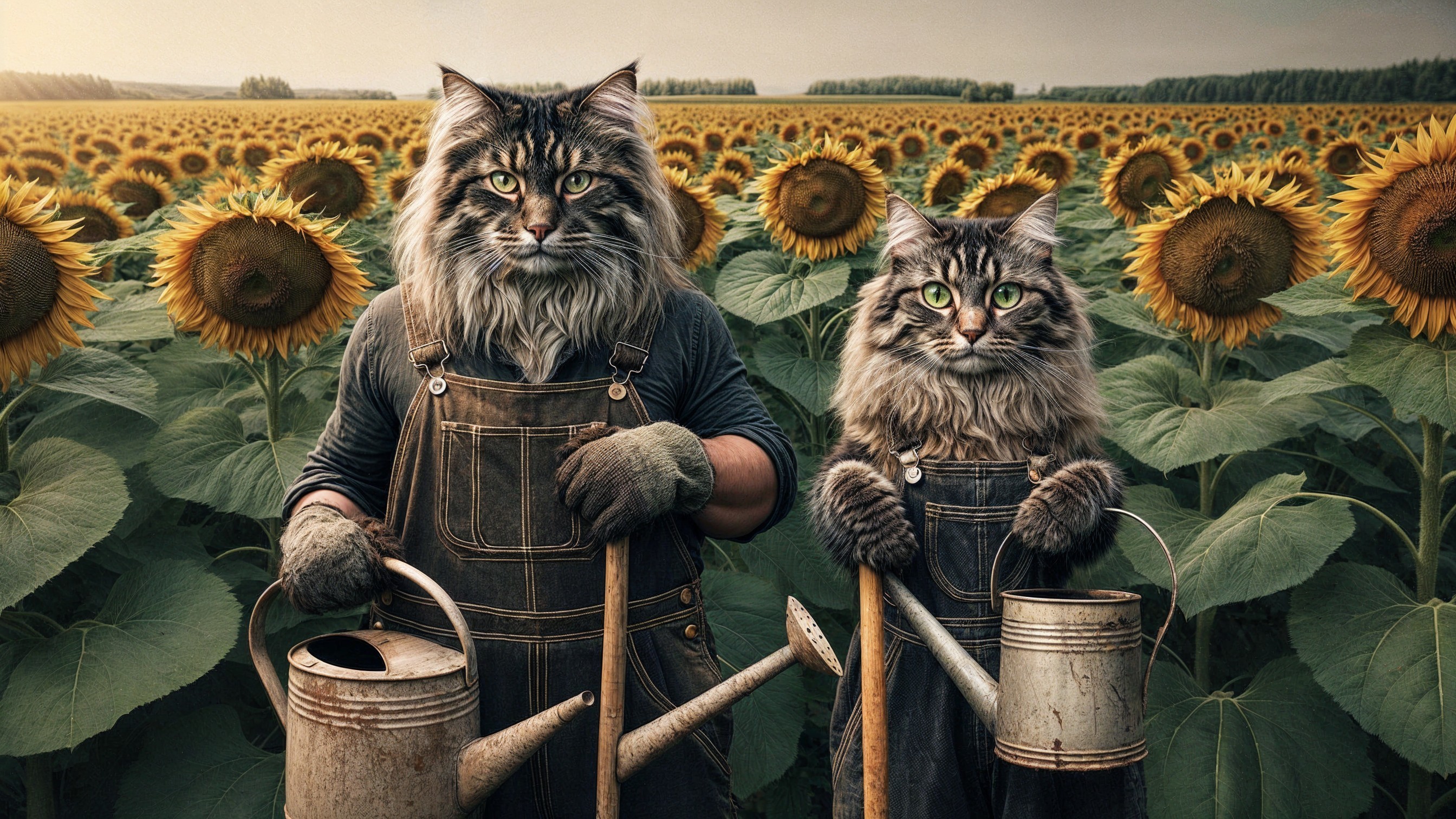 Anthropomorphic cats in a sunflower field scene