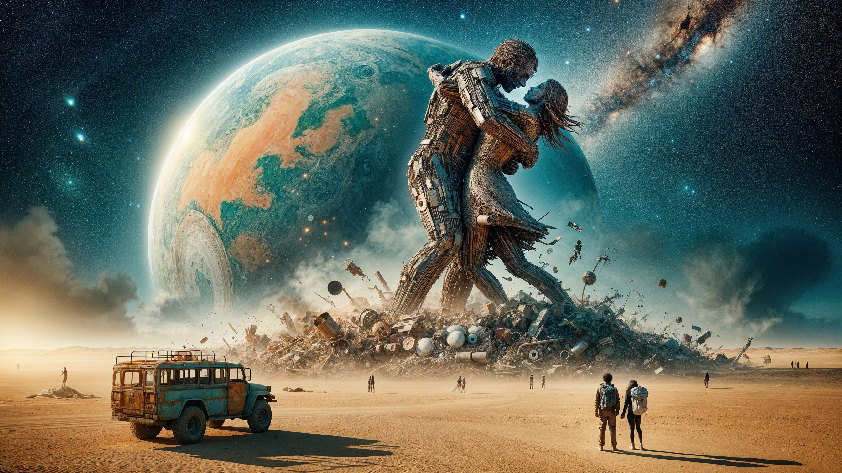 Gigantic Scrap Metal Couple in Surreal Landscape
